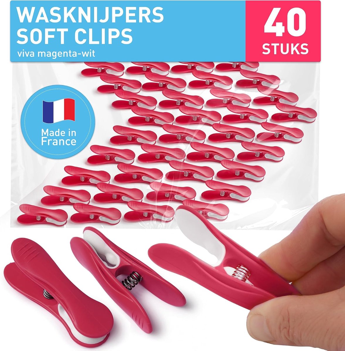 SnelShoppen - 40 Stuks Kledingknijpers Zachte Clip voor Fijne Was, Viva Magenta-Wit, UV- en Weerbestendig, Voor Binnen en Buiten, Voor Delicate Stoffe