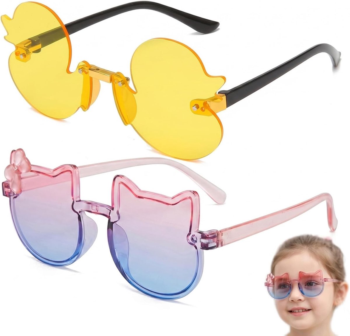 Set van 2 kleurrijke zonnebrillen voor kinderen, schattige cartoonbrillen met UV400-bescherming voor peuters, perfect voor festivals en buitenspeelplezier