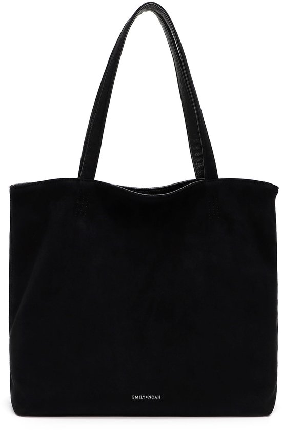 Zwarte suède shopper met gevlochten handvatten en 'EMILY & NOAH' logo.