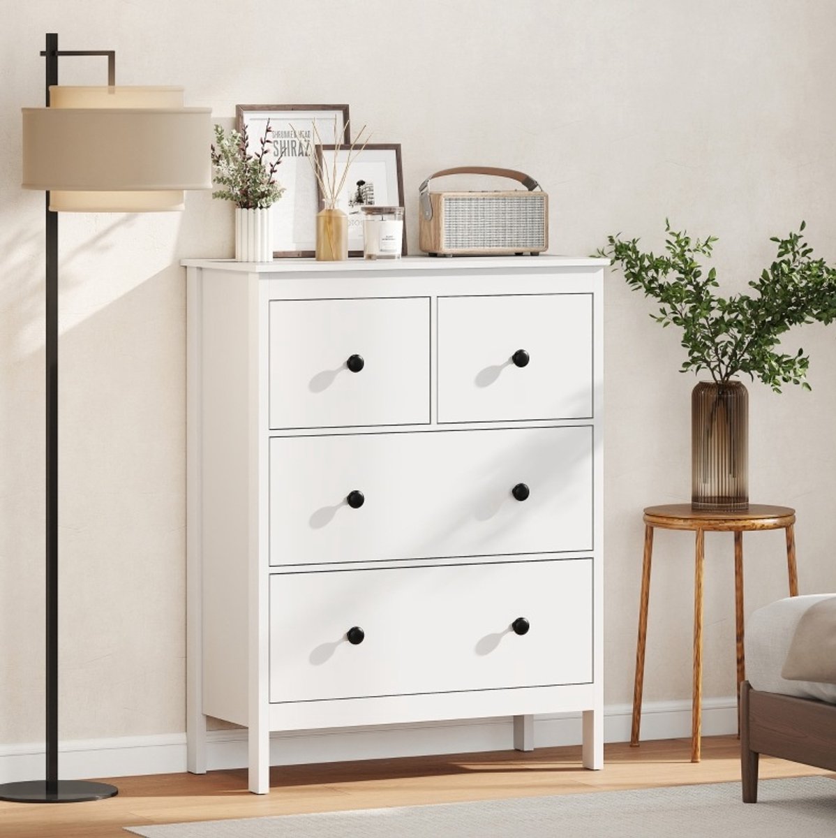 COVREO Ladekast 74x35x97 cm wit, spaanplaat met 4 lades voor kleding en beddengoed