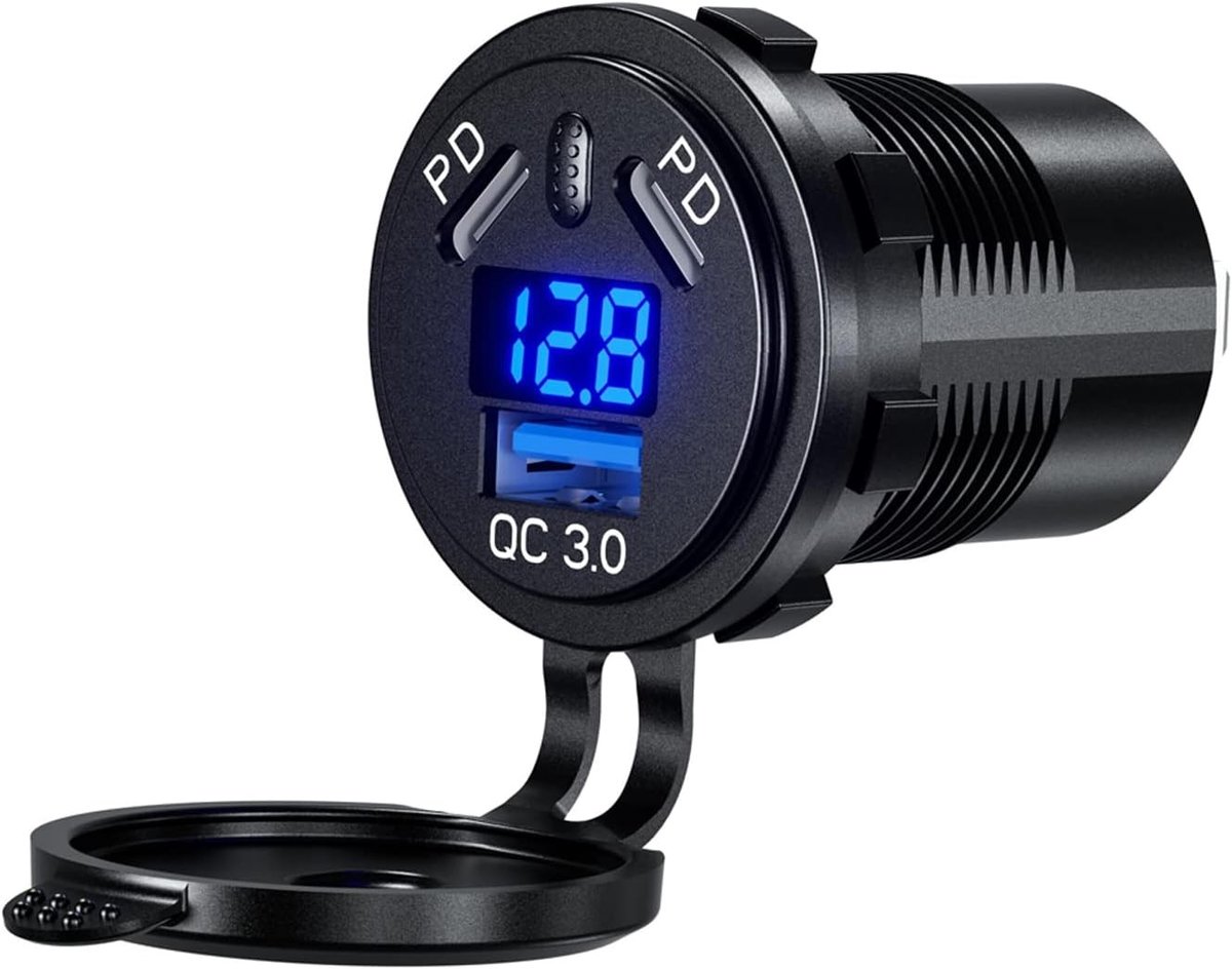 Waterdichte USB C Autolader met Snelladen, 45W PD en 18W QC3.0, LED Voltmeter voor 12V 24V Marine, Boot, Motor en Vrachtwagen