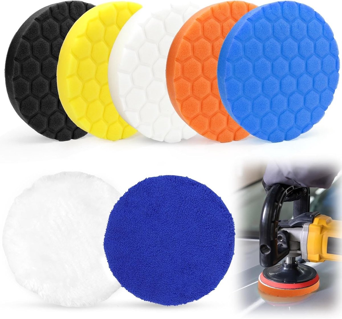 Set van 7 Polijstschuim Pads van 150 mm, Honingstructuur voor Accuschroefmachines en Excentrische Polijstmachines, Ideaal voor Schuren en Polijsten
