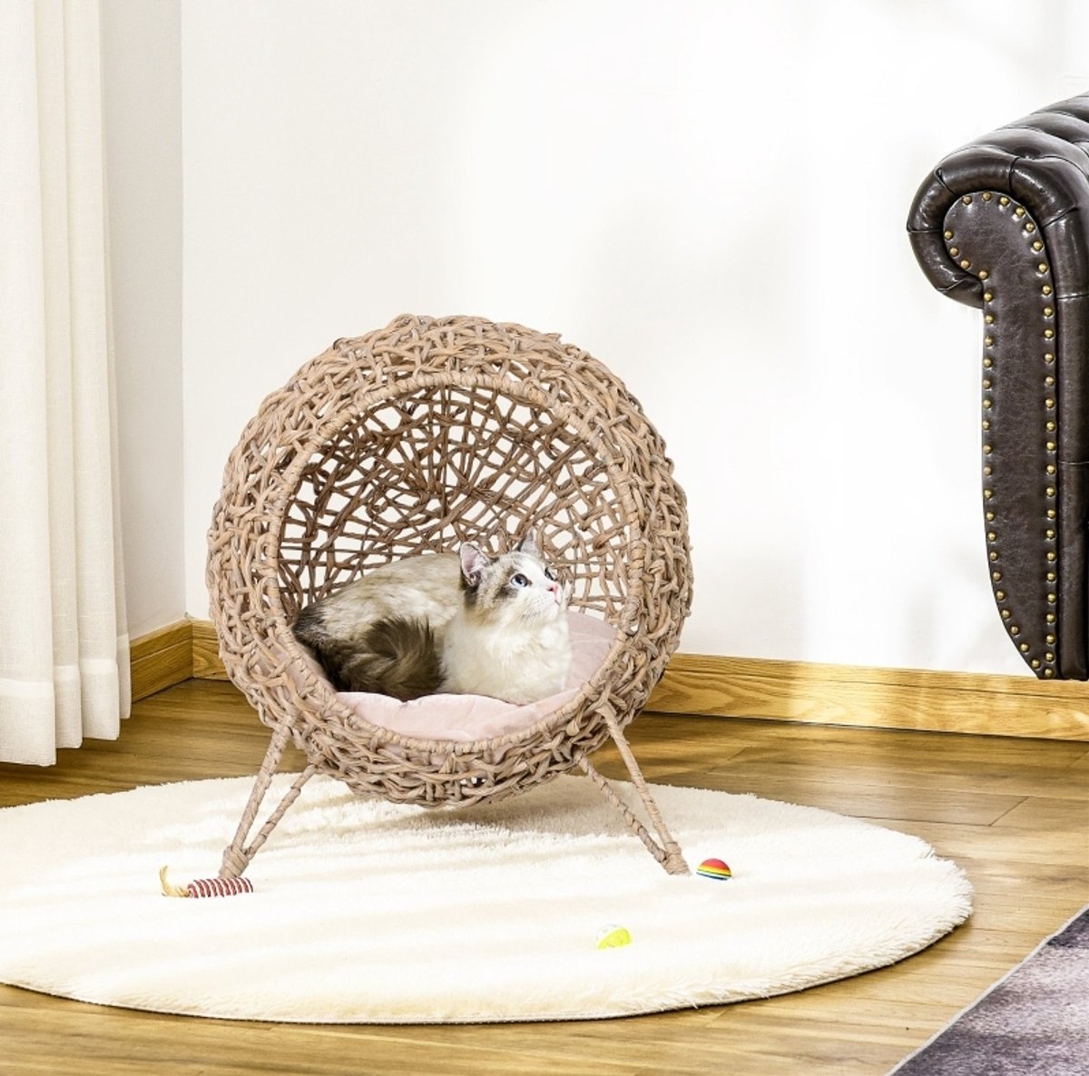 COVREO Kattenhuis 52 x 52 x 58 cm bruin, van rotan met kussen en verhoogde pootjes