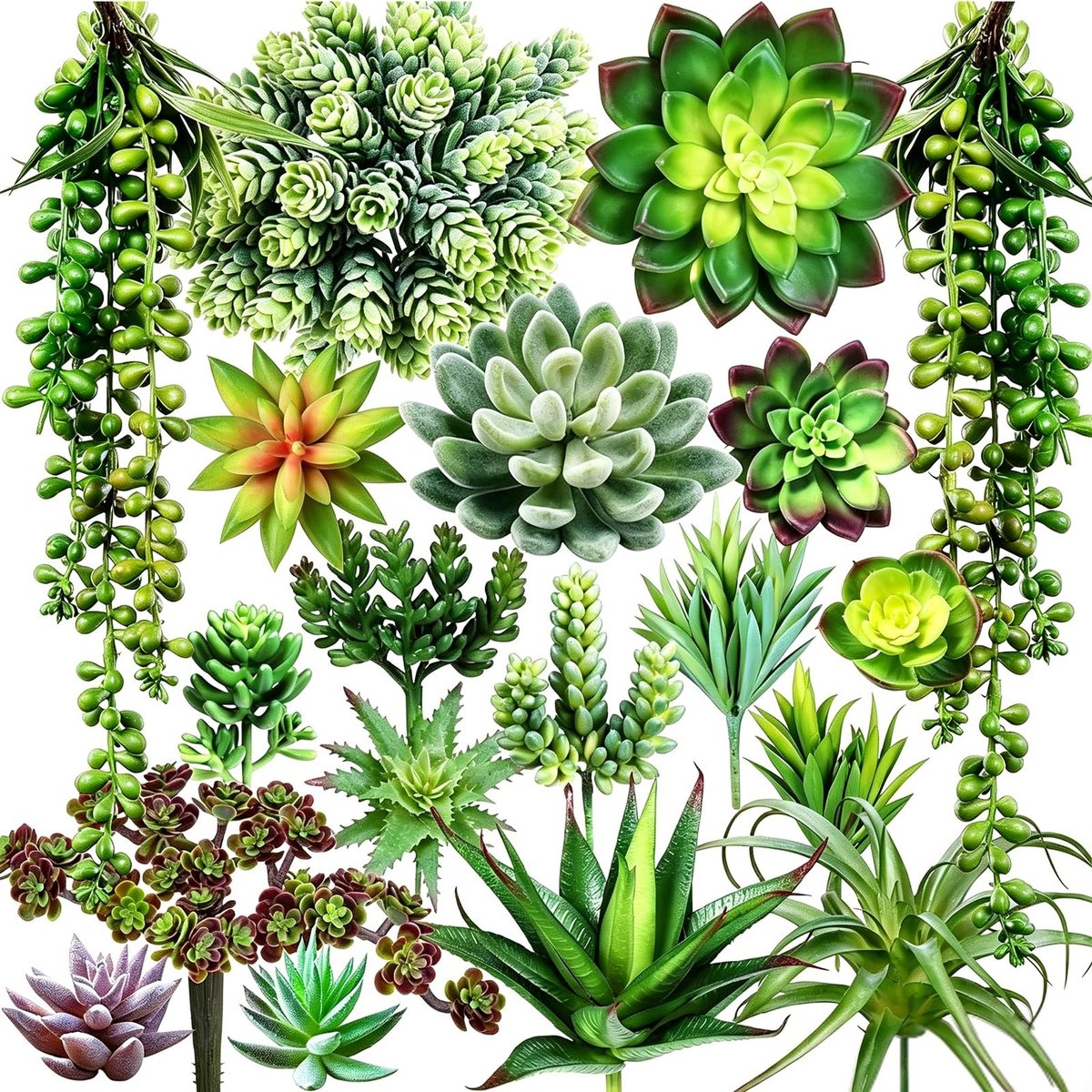 Omgoods - Set van 19 Kunstplanten voor Thuisdecoratie, Groene Succulenten