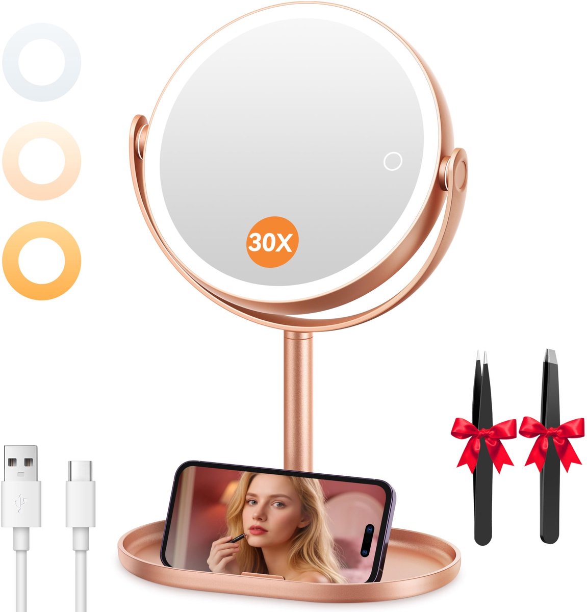 Omgoods - 30X Vergrotende Make-up Spiegel met Licht - Dimbare Makeup Spiegel met Telefoonhouder