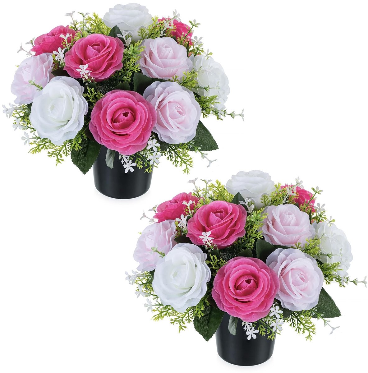 Omgoods - Kunstbloemen voor Grafpotten, Set van 2 Rozen in Roze en Wit