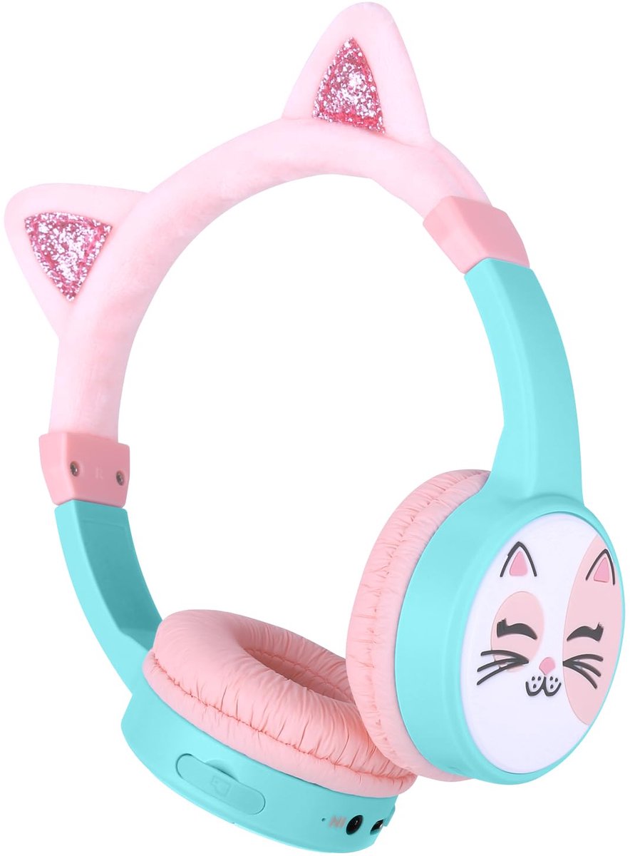 SnelShoppen - Draadloze hoofdtelefoon voor kinderen met kattenoren, Bluetooth, 85dBA veilig volume, ingebouwde microfoon, 3,5 mm Aux kabel, roze hoofd