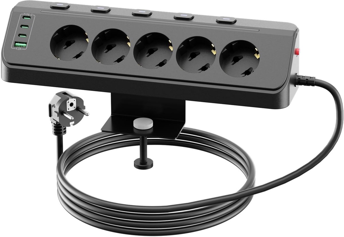 Omgoods - Stekkerdoos met USB, 5-voudig Hoekstopcontact met Schakelaars