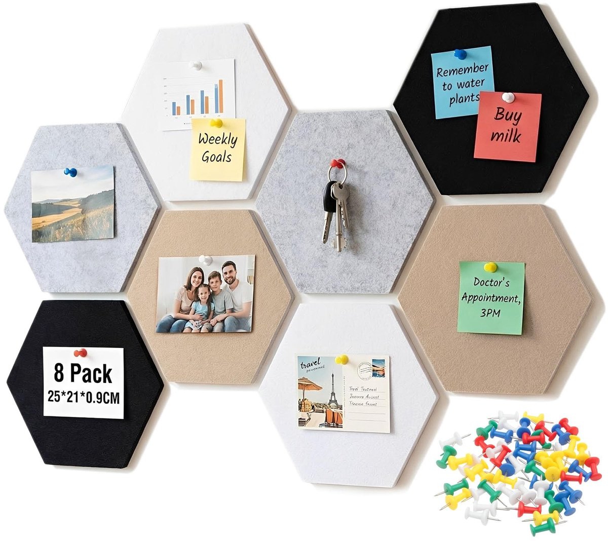 Omgoods - 8 Hexagonale Gevoelde Bulletin Boards met 50 Duimspijkers - Creatieve Wanddecoratie