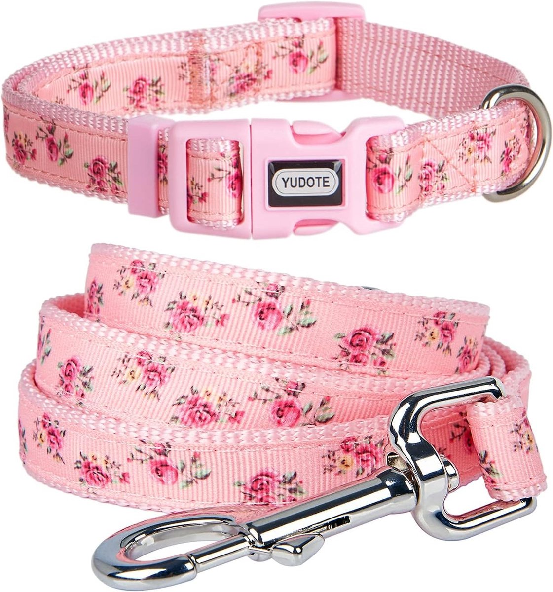 Bloemprint hondenhalsband en -lijn set voor actieve vrouwelijke honden, sterke roze nylon combinatie voor dagelijks gebruik