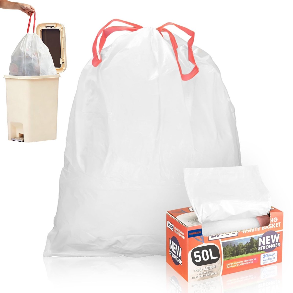 Omgoods - 50L Heavy Duty Afvalzakken met Touwsluiting, 30 Stuks