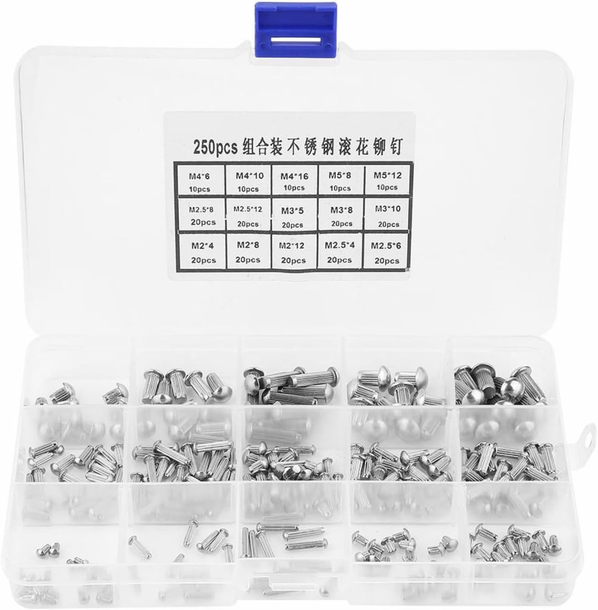 SnelShoppen - Vastgeniete Riviervetset, 250st M2-M5 Ronde RVS Serrated Shank Assortiment, Roestvrij Staal, Voor Professioneel Gebruik