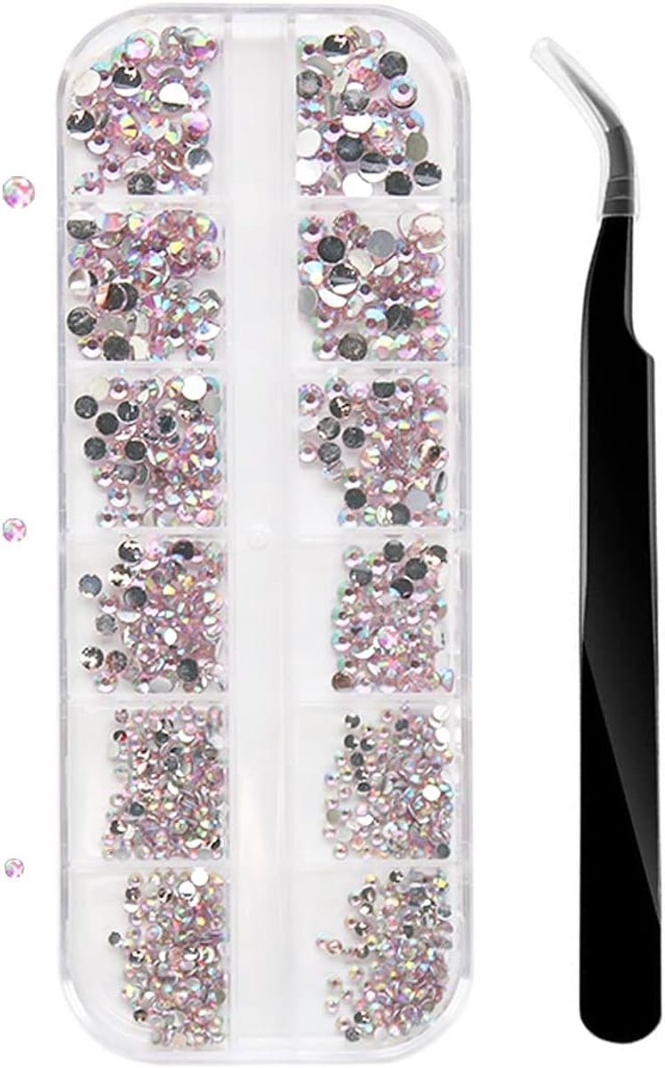 SnelShoppen - Nail Gems Flat Back Crystal Rhinestones met Pincet voor Nagel en Gezichtsdecoratie - 1500 Stuks in 3 Maten voor Creatieve Kunstprojecten