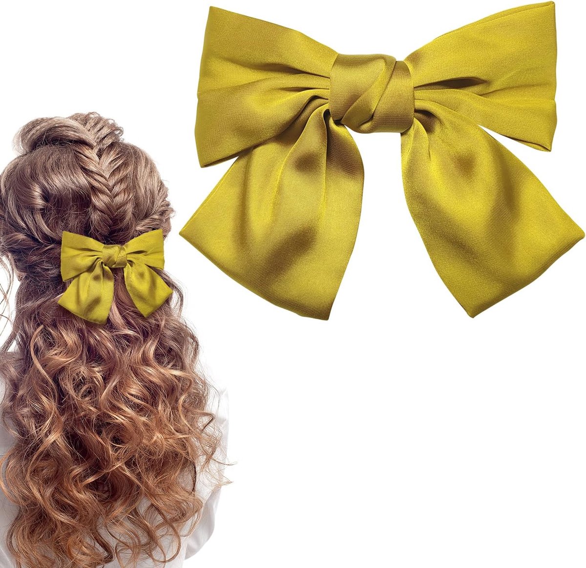 SnelShoppen - Grote Haarspeld met Strik, Haarclips voor Vrouwen en Meisjes, Franse Haarspeld met Satijnen Strik, Effen Kleur Haaraccessoire - Geel