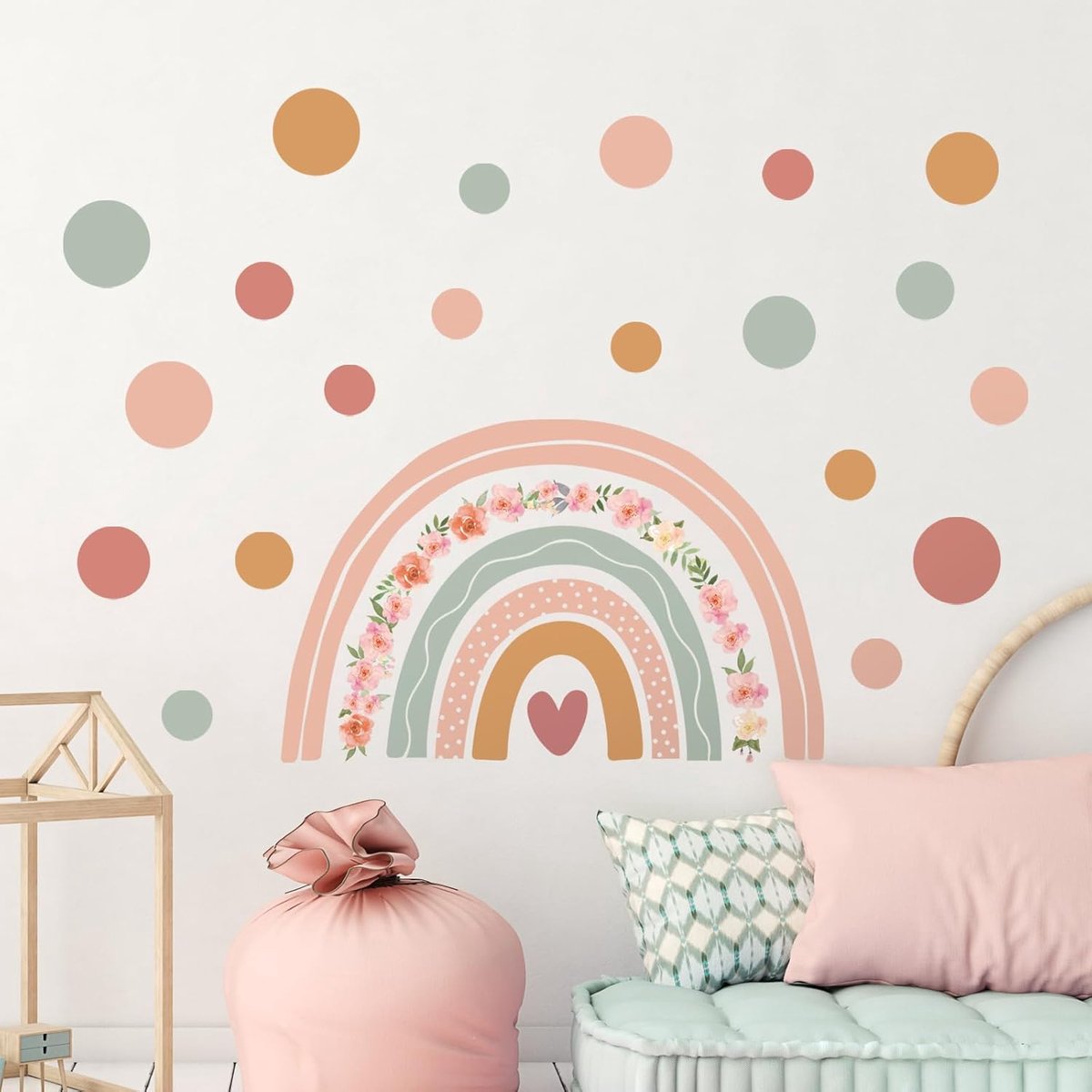 Muurstickers grote regenboogbloem - boho polka dots vinyl - kinderkamer decoratie - veilig voor kinderen - ShopVlot