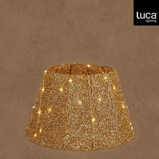 Gouden kerstboomrok versierd met 35 LED lampjes. De rok is van draad met glitter en heeft een diameter van 50 cm.