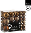 Een doos met 46 bruine Mica Decorations kerstballen, verschillende maten en afwerkingen.