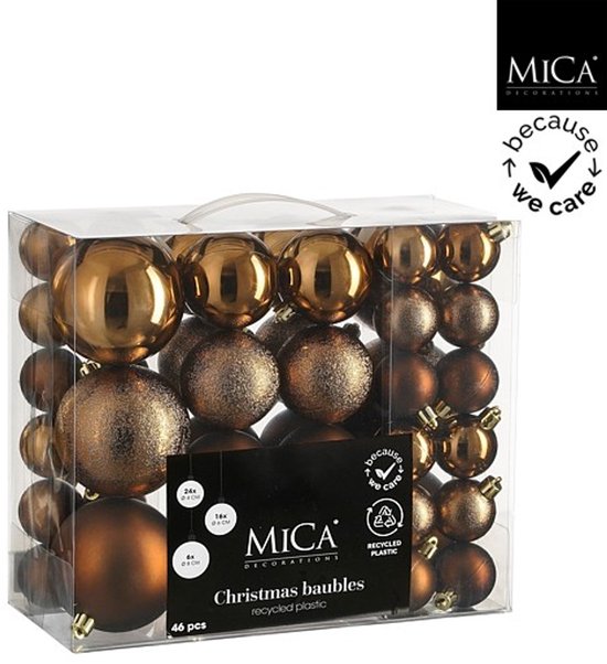 Een doos met 46 bruine Mica Decorations kerstballen, verschillende maten en afwerkingen.