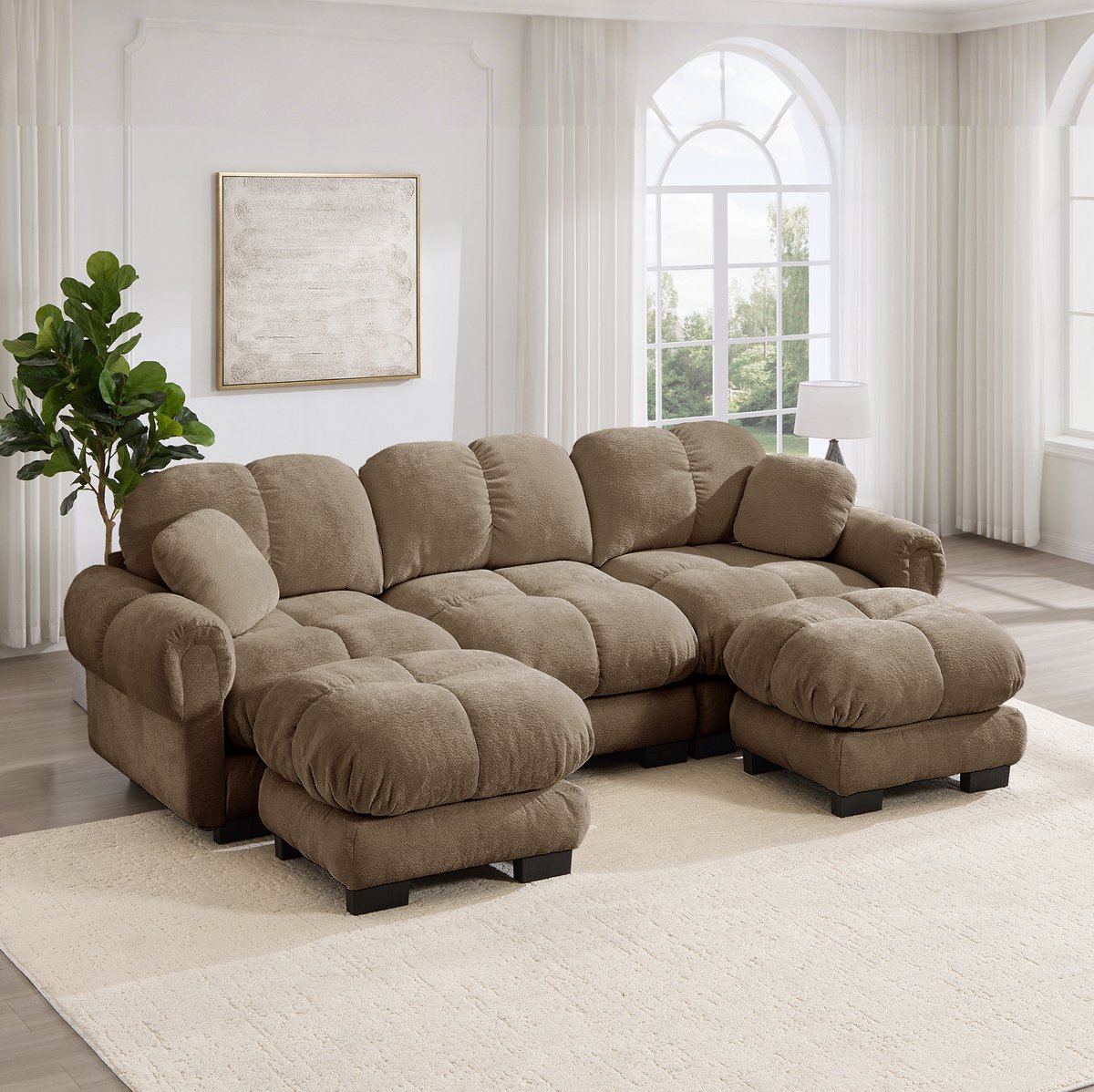 OKWISH U-Bank – 3-Zits Chenille Bank Met Mobiele Ottomane – Gestikt Design, Dikke Kussens & 2 Sierkussens – Woonkamer – Bruin