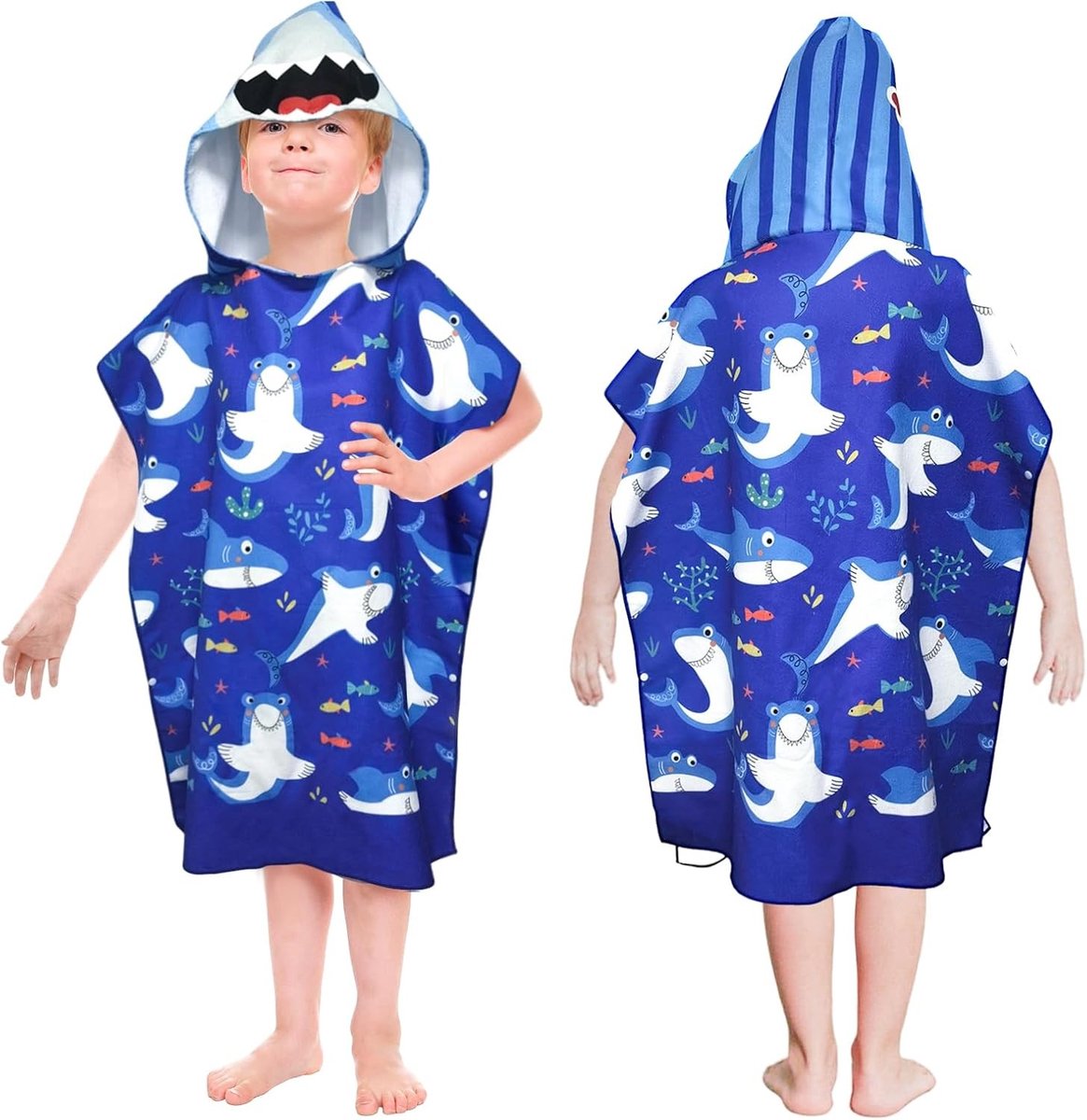 Hooded Strandhanddoek voor Kinderen, Poncho Handdoek, Microvezel Badhanddoek voor Meisjes en Jongens, 3-16 Jaar, Multi-Shark, Ideaal voor Zwemmen en Strandplezier, 75x180cm