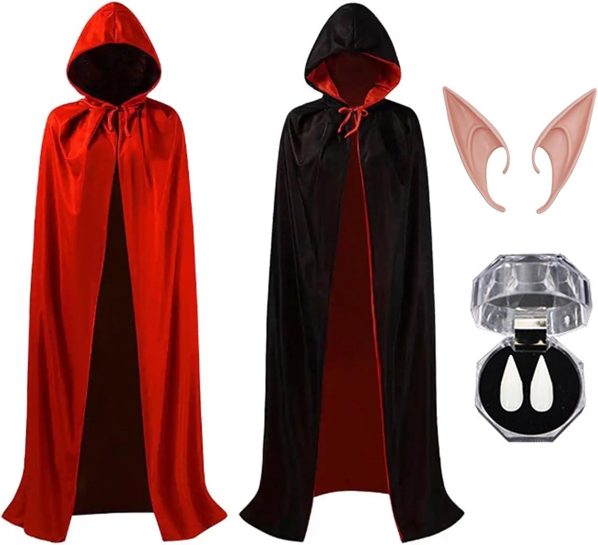 Halloween Vampier Cape met Kap voor Volwassenen - Rood Zwart Kostuum met Vampier Tanden en Oren voor Carnaval en Cosplay