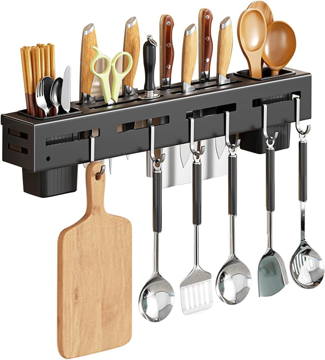 Multifunctionele Wandplank voor de Keuken van RVS, Hangrek met 6 Verwijderbare Haken, Organisator voor Keukengerei en Bestek, Ideaal voor Huizen, Restaurants en Bars
