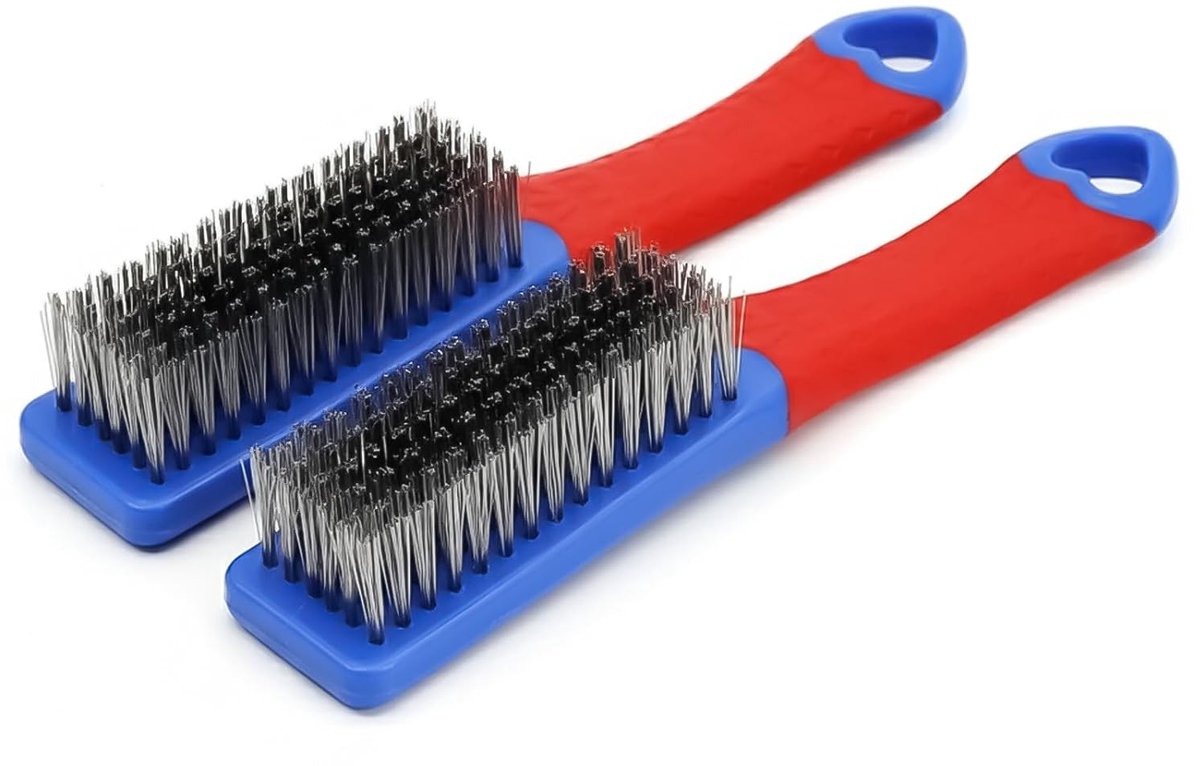 SnelShoppen - 2 stuks RVS borstels met rubberen handvat, draadborstels voor schoonmaken, staalborstel, handborstel, roestverwijderaar, schoonmaakborst