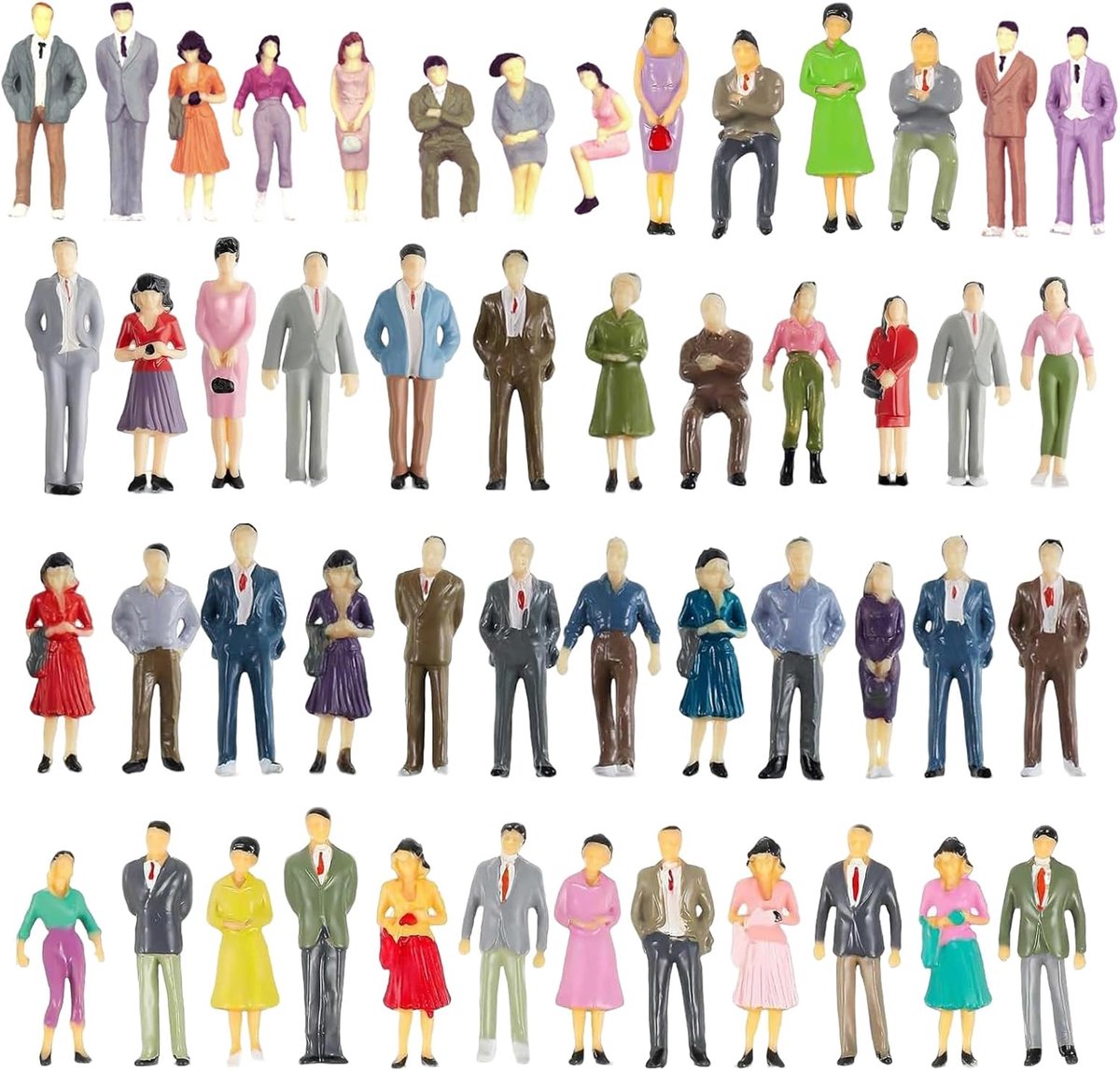 SnelShoppen - Mini modelspoorbaanfiguren 50 stuks - Beschilderde miniatuurfiguren zittend en staand schaal 1:50 - Realistische ABS-kunststof passanten