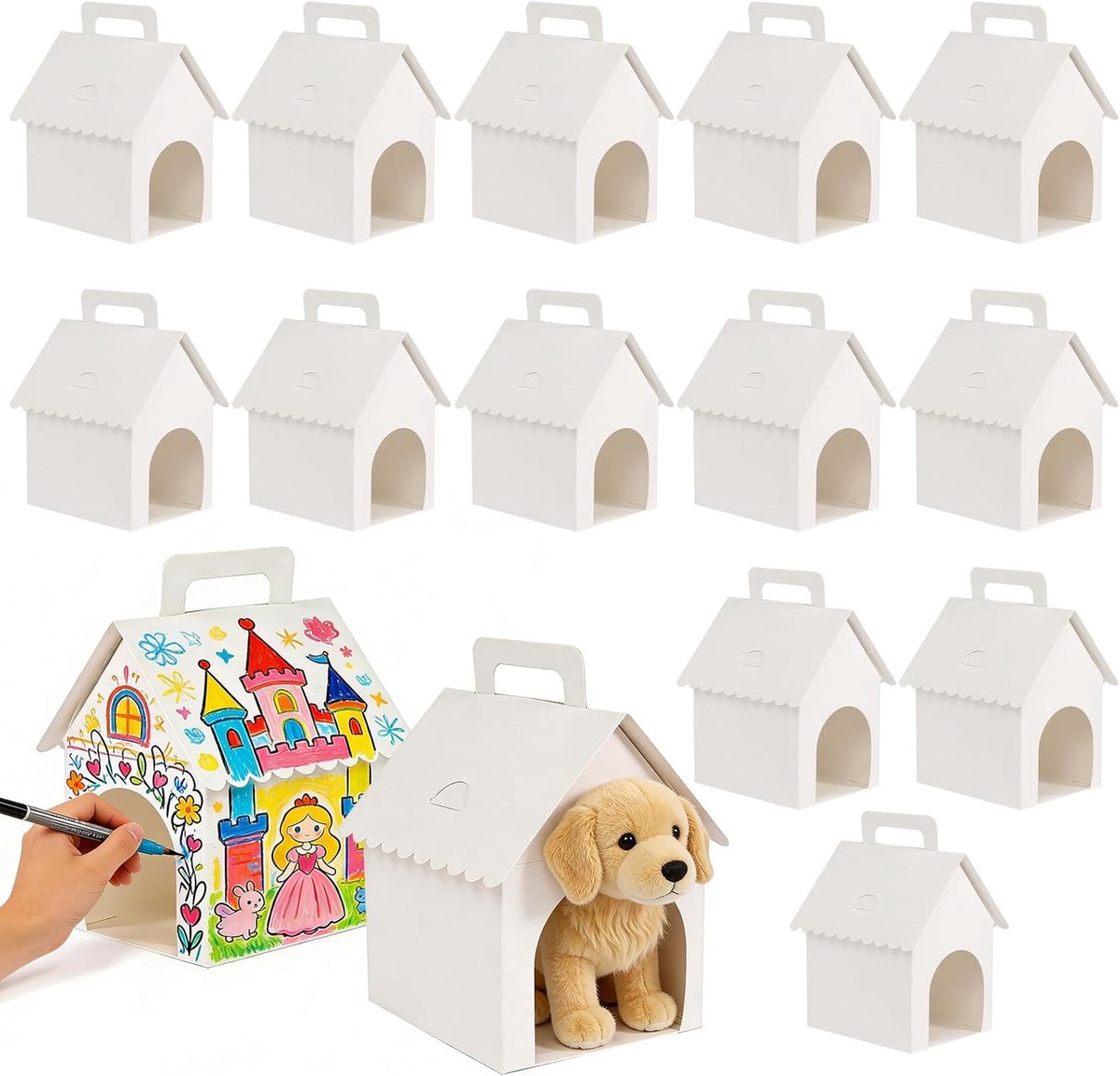 SnelShoppen - Schattige lege geschenkdozen in huisvorm, 15 stuks opvouwbare geschenkdozen van karton voor feest, verjaardag, adoptie puppy's, witte kl