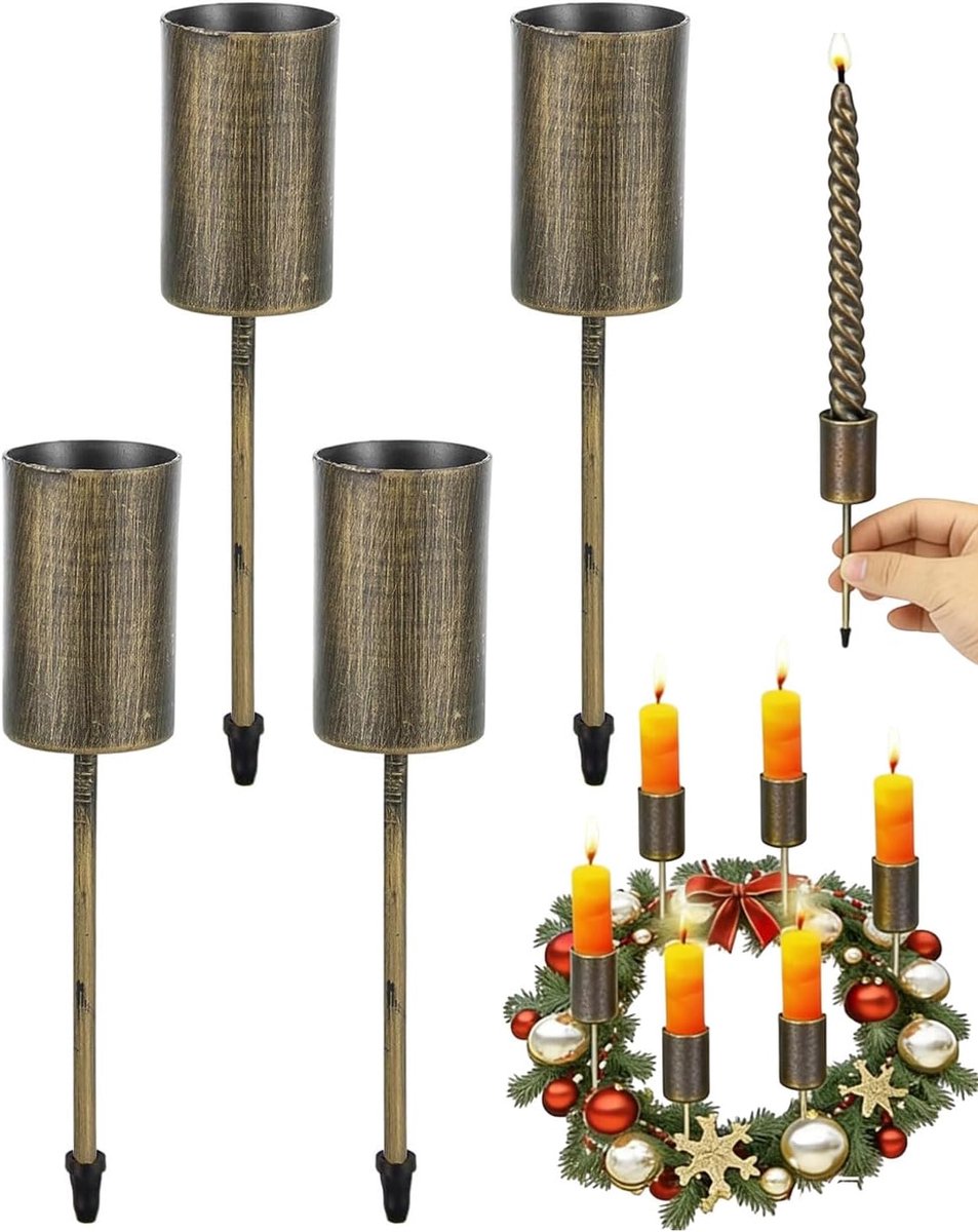 SnelShoppen - 4 stuks bronzen metalen kandelaars adventskrans voor kegelvormige kaarsen, kerstdecoraties, DIY decoraties, geschikt voor ceder, stro, r