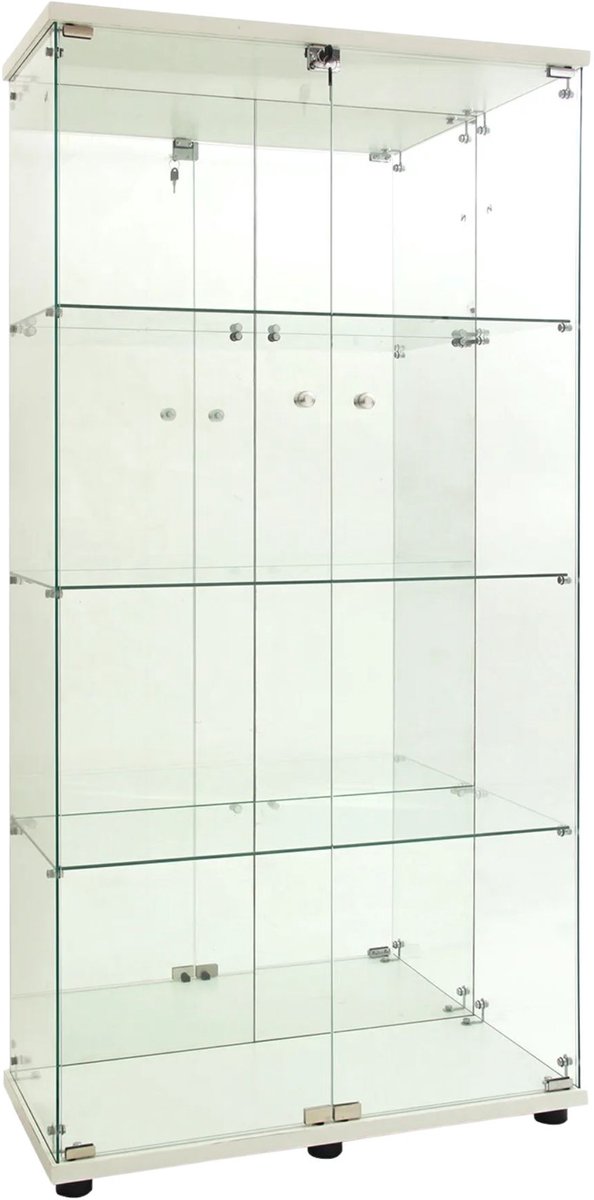 Happiq Glazen Vitrinekast Wit – Afsluitbare Displaykast met 2 Deuren, LED Verlichting, Slot en 4 Planken