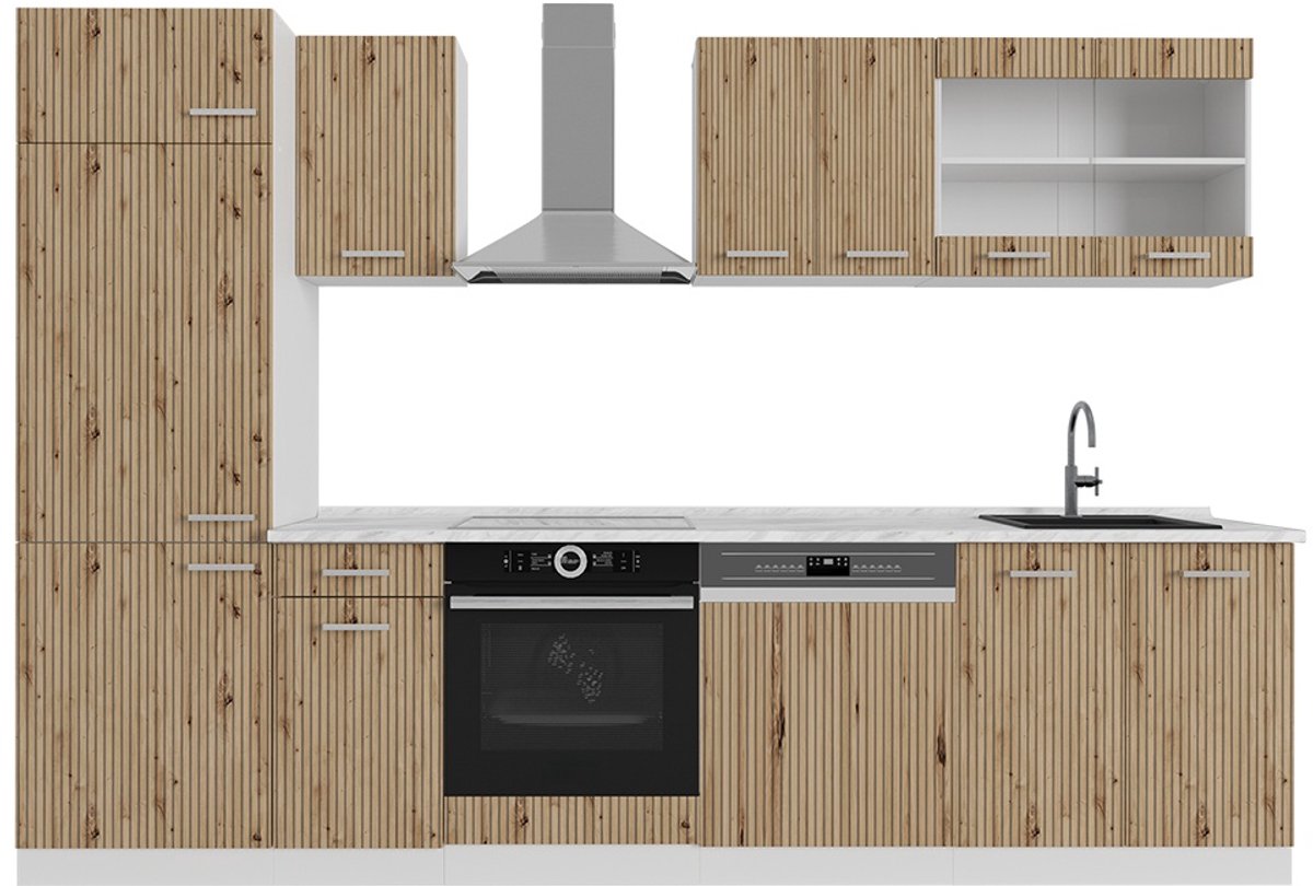 Vicco R-Line Complete keukeneenheid – 300 cm, WB Marmer Artisanaal eiken/wit