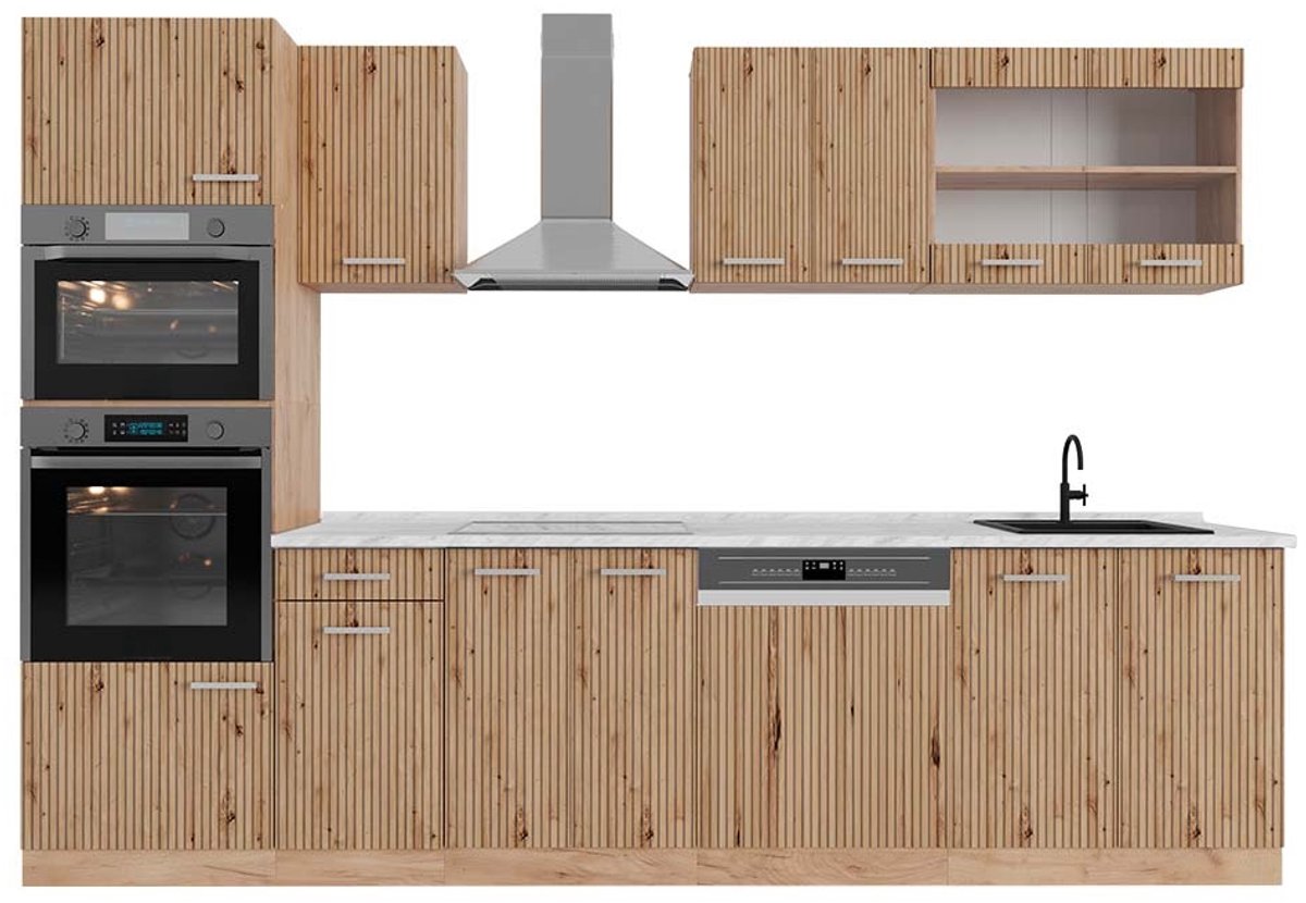 Vicco R-Line Complete keukeneenheid – 300 cm met hoge kast, met marmeren werkblad Artisanaal eiken/Goudkraft eiken