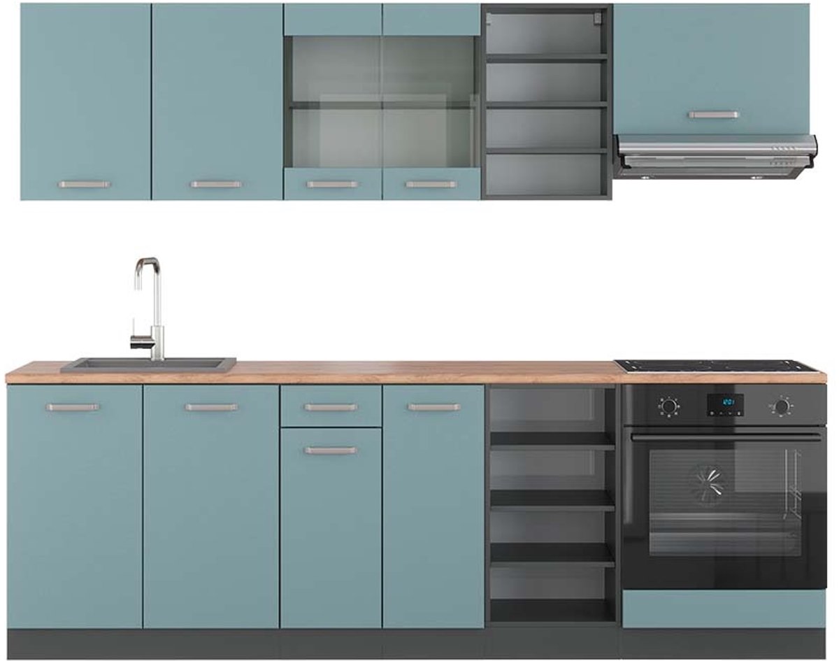 Vicco R-Line Complete keukeneenheid – 240 cm, WB Eik Blauw-grijs/antraciet