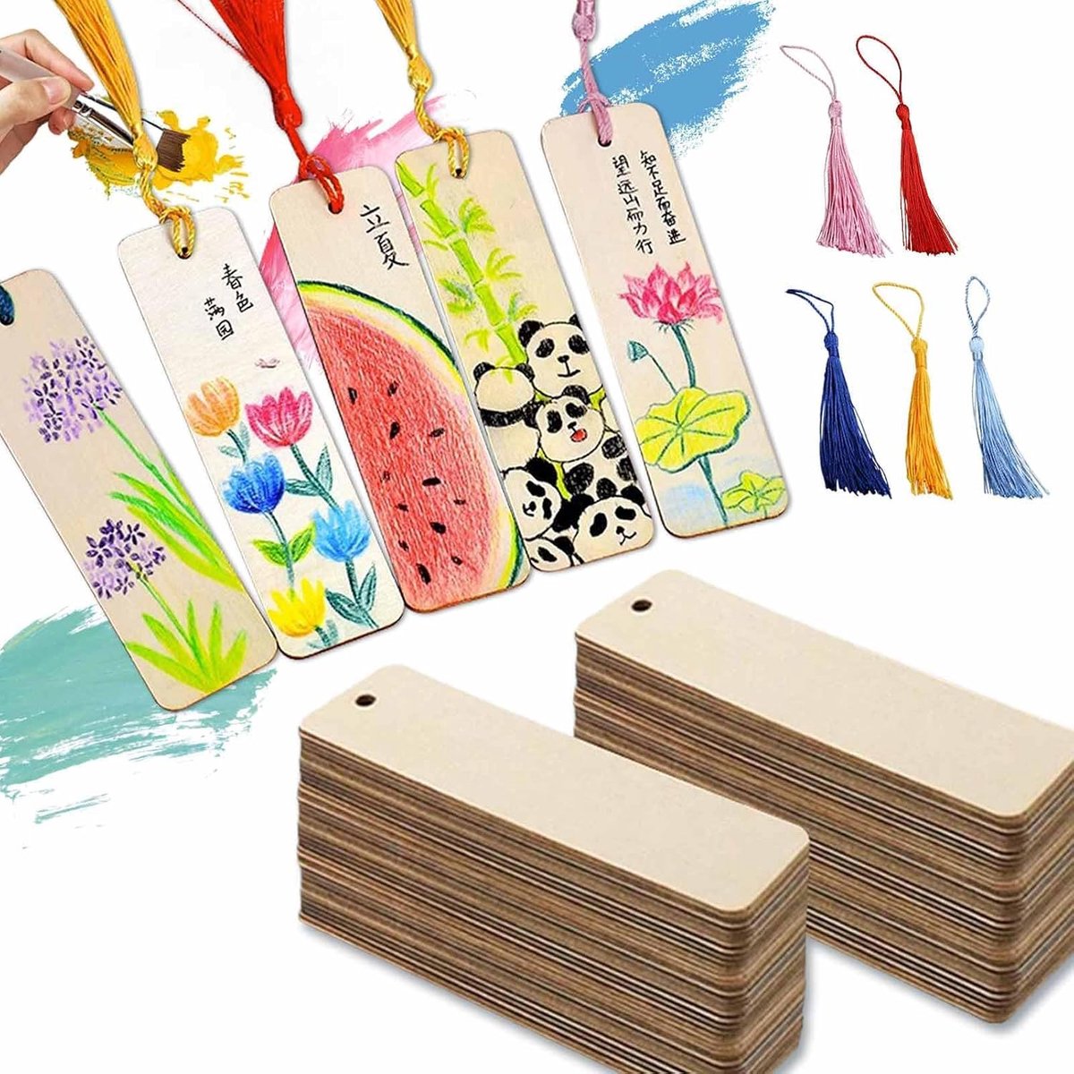 houten bladwijzers met kwasten, 100 stuks, 50 lege houten boekenleggers, 50 kleurrijke kwasten, geschikt voor gepersonaliseerde doe-het-zelf bladwijzers, boeken, kunsthandwerk,