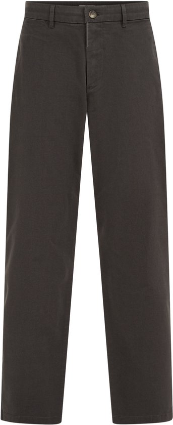 Donkergrijze chino broek, recht model, met knoop- en ritssluiting.