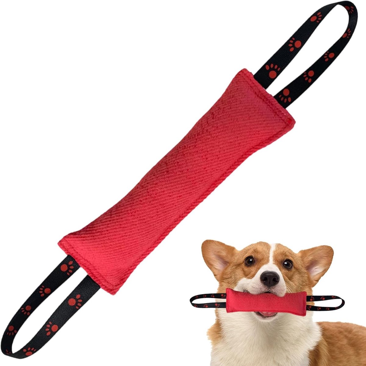 Bijtworst 30 cm – hondentrekspeelgoed – rood – scheurvast touwtrekspeelgoed met twee handgrepen voor training, touwtrekken en hondenplezier