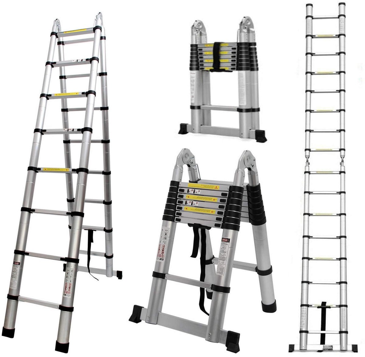 SnelShoppen - COOCHEER 5 m telescopische ladder 2-in-1 multifunctionele ladder inklapbaar aluminium belastbaar tot 150 kg zilver en zwart voor onderho