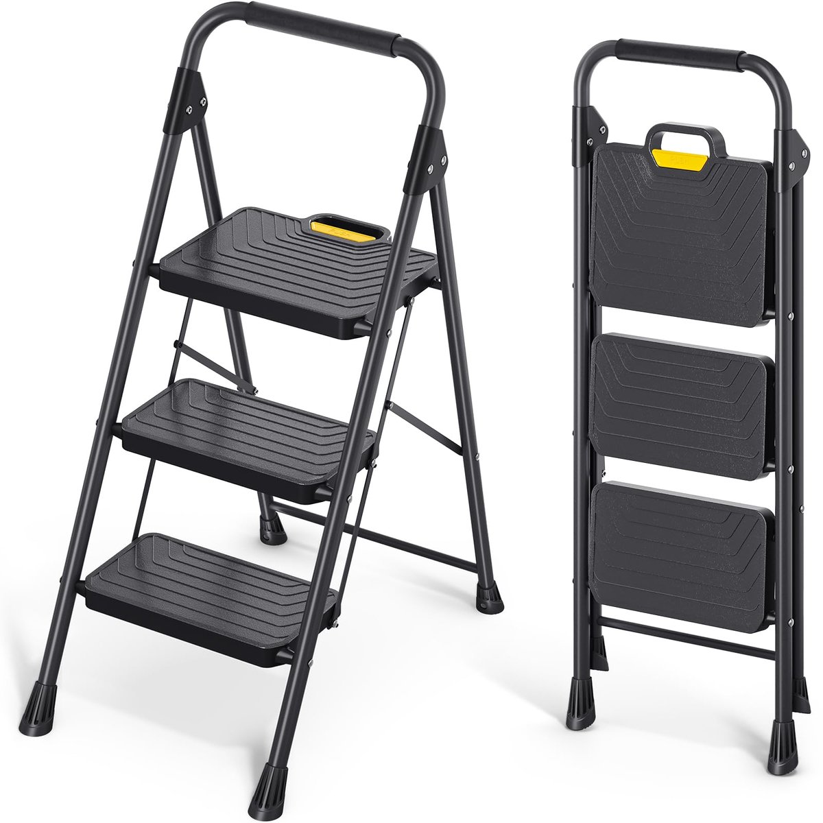 SnelShoppen - 3-traps ladder, stevige stalen opstapkruk met antislip pedalen, leuning, veilig vergrendelingsontwerp, opvouwbare ladder voor huis, tuin