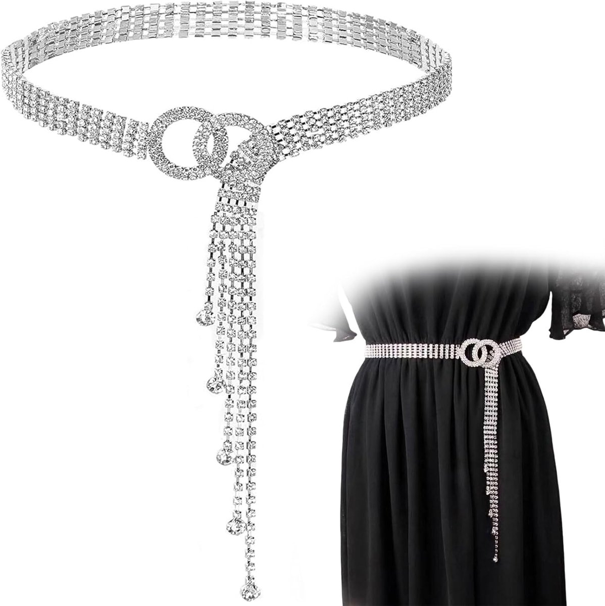 Glitter Riem - Verstelbare Zilveren Kristallen Ketting voor Avondjurk, Taille tot 135cm - Mode Accessoires voor Dames