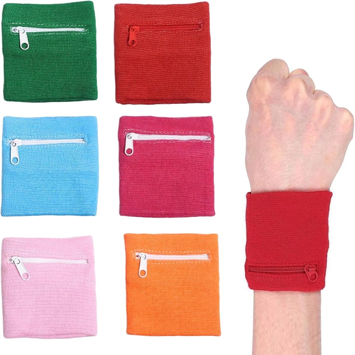 Zweetband met ritssluiting, zweetband, polstas, sportarmbanden, workout, portemonnee, sport, zweetband met tas, polsband, portemonnee, polstas voor fitness, hardlopen, 6 stuks