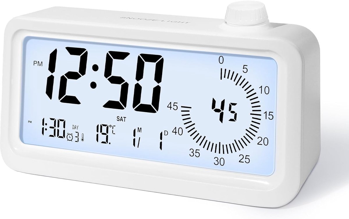 SnelShoppen - Digitale wekker met LCD-display, countdown-timer, nachtlampje, snooze-functie, 3 alarmen, temperatuur- en kalenderweergave, 12/24 uur, i