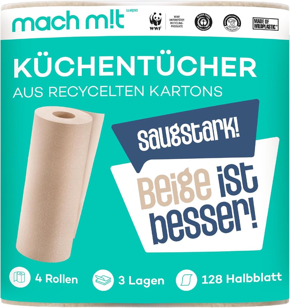 SnelShoppen - Keukenrol 3-laags, 4 Rollen, 128 Vellen per Rol, Milieuvriendelijk, Recyclebaar, Extra Absorberend, Vrij van Bleekmiddel, Gemaakt in Dui