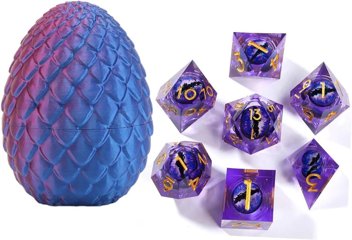 dobbelstenen set 7 stuks Liquid Core Sharp Edge Dragon Eye dobbelstenen met 3D gedrukte drakenei schaal voor Dungeons and Dragon tafelspel
