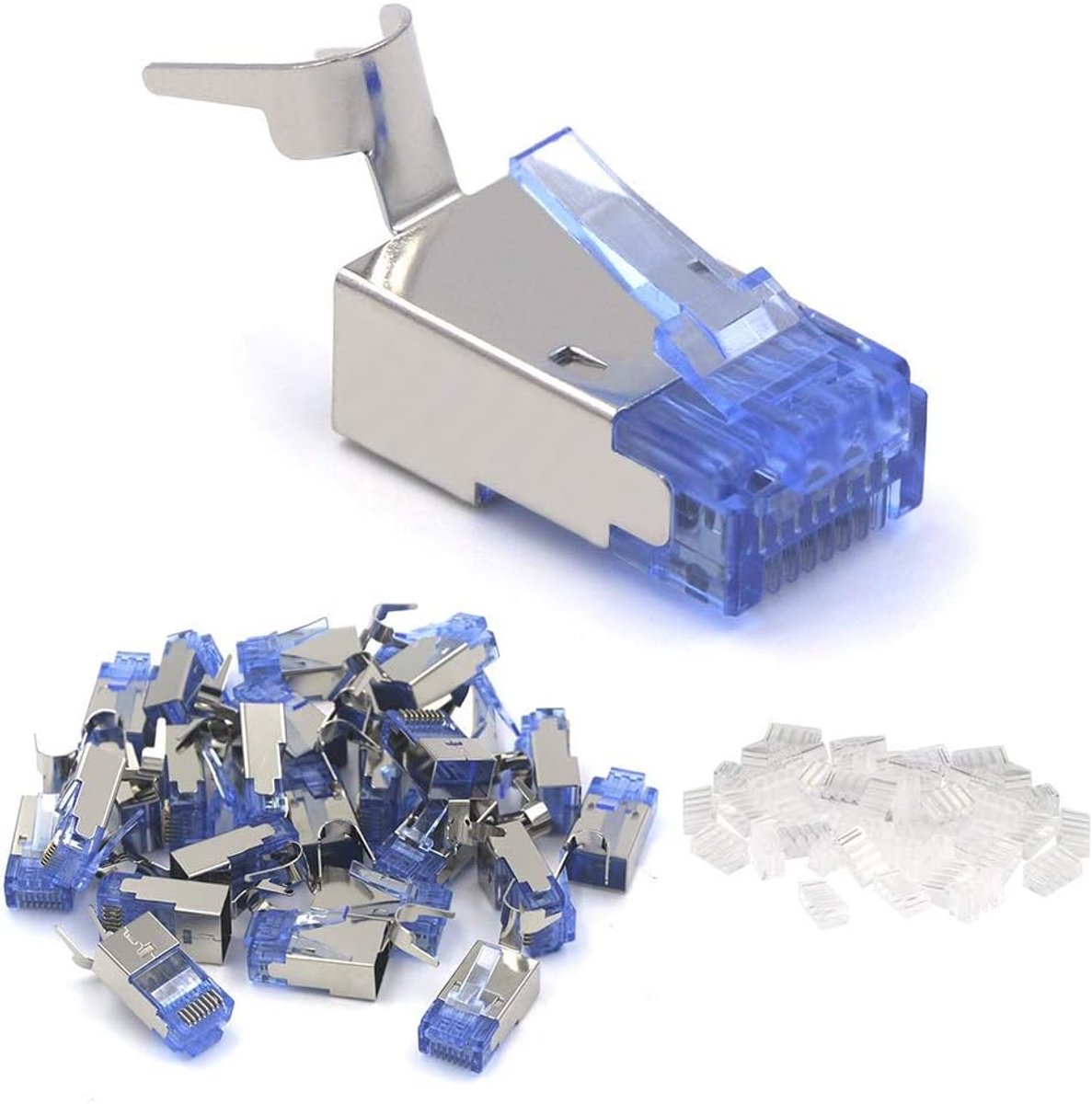 (1e generatie, 25 stuks RJ45 CAT7 CAT6A stekker met RJ45 kabelgeleiding voor ethernetkabel categorie 7 afgeschermd | 10 Gbit/s, PoE-compatibel, LAN-stekker voor installatie- en installatiekabel, afgeschermd met inrijghulp en knikbescherming