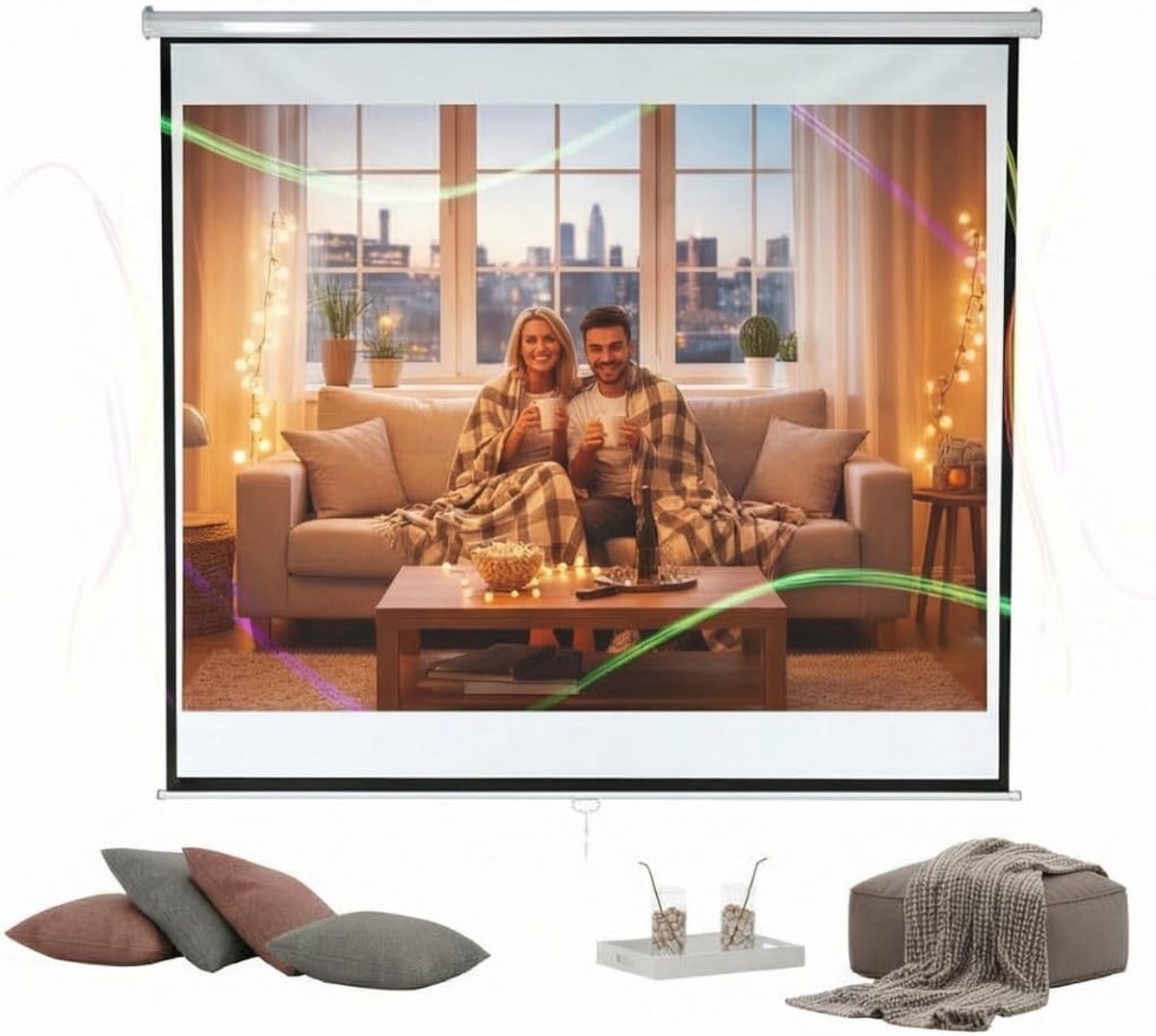 SnelShoppen - 152x152cm Video Projector Home Theater Projectiescherm - Rolscherm voor Thuisbioscoop, Presentaties, Stevige 3-laagse Vinyl, 85 Inch, Id