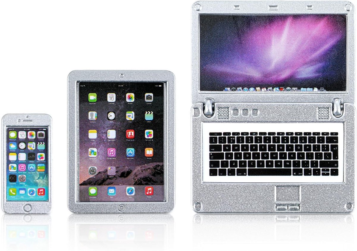 Accessoires 3 Pack Mini Laptop Tablet en Smart Phone Scène Computer Simulatie Speelset voor Miniaturen Zilver Festival Geschenken Zinklegering Maat 2,36 × 1,77 × 0,2 c