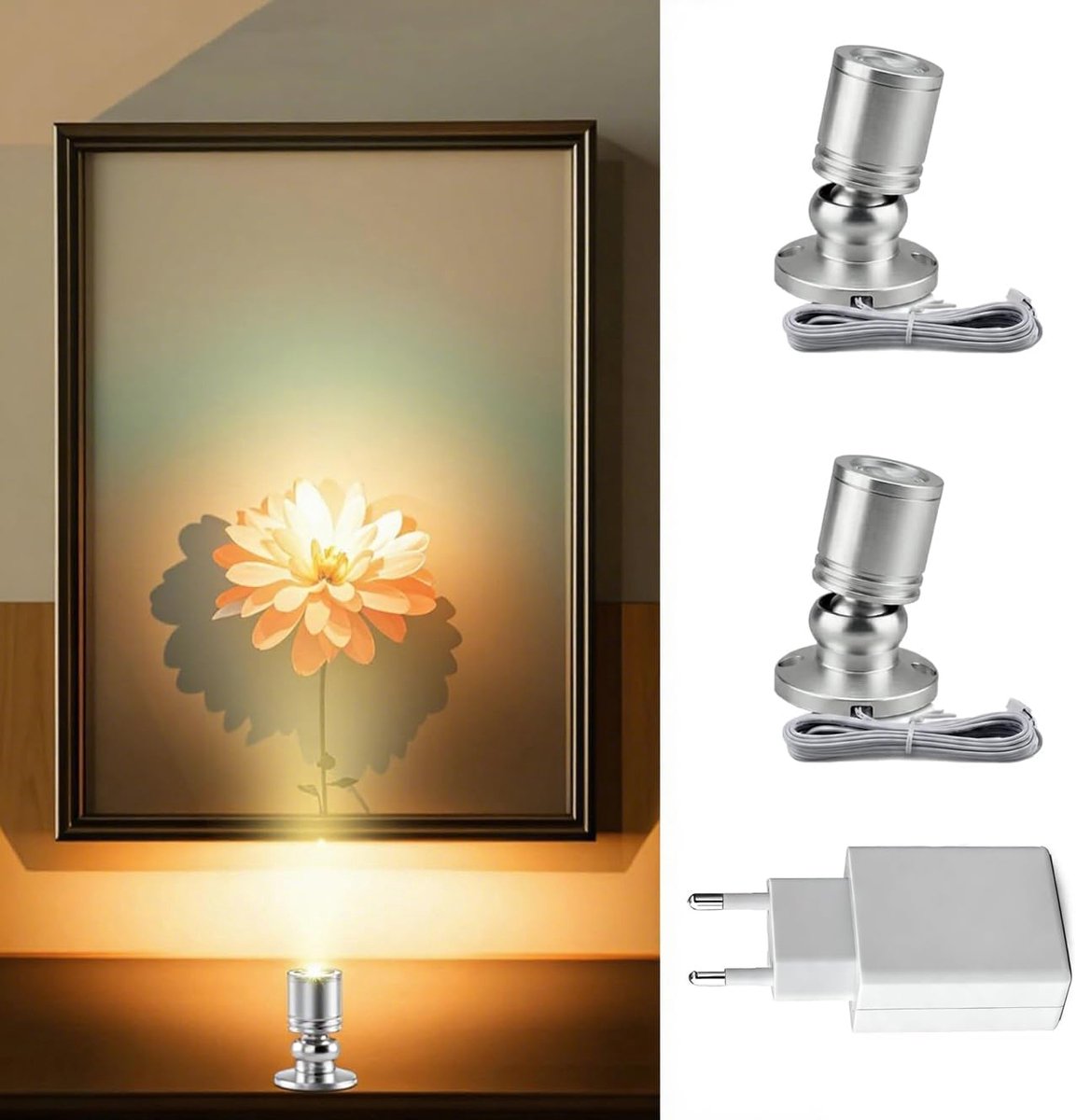 2 Stuks,Kleine LED Zoeklichten,360° Zwenkbaar,5V 1W,3000K,Zilver | Spots voor Binnengebruik Kastlicht Schilderijlichten Accentlichten Aluminium Mini Spot voor Kast, Gang