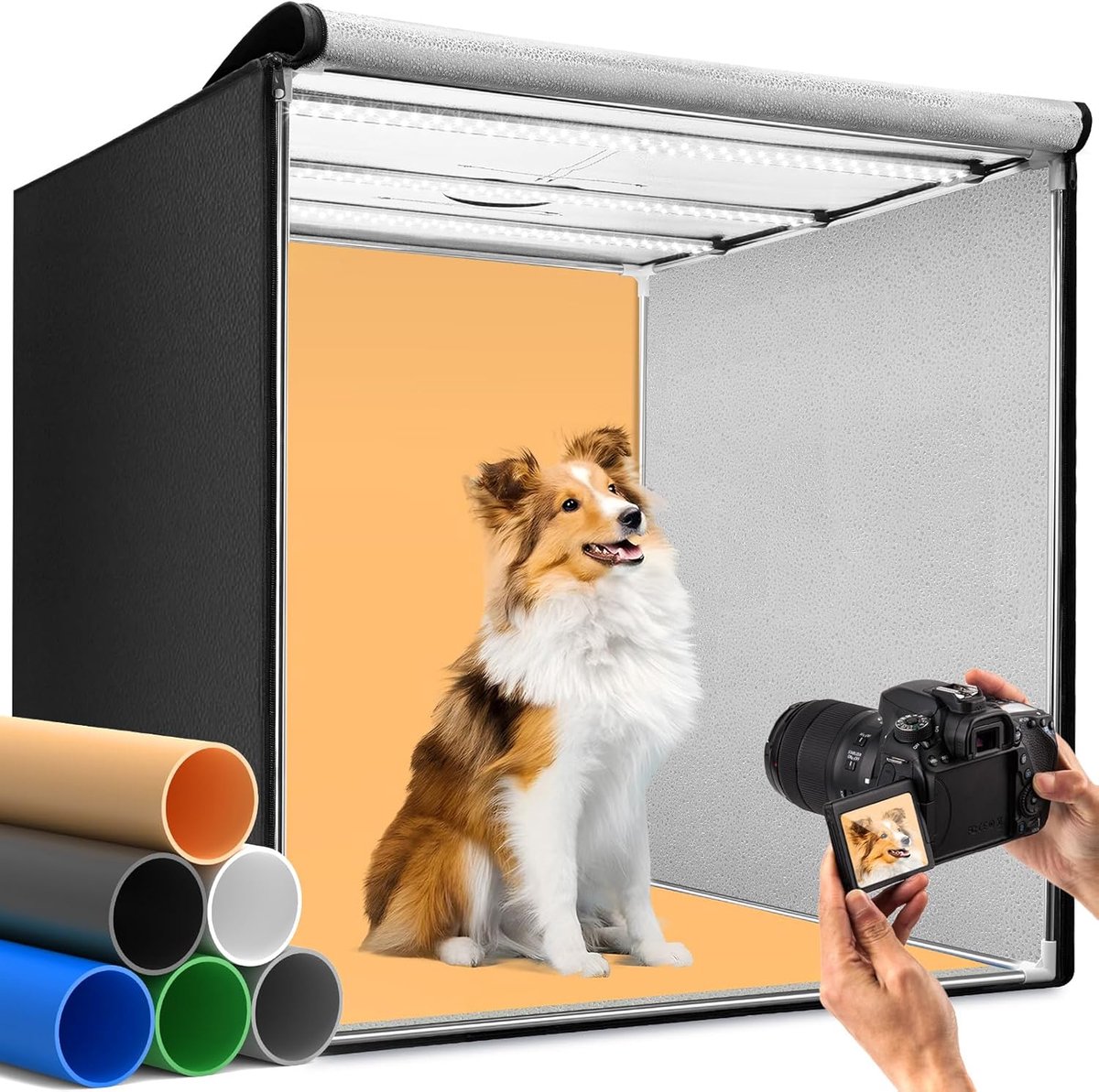 Fotobox 80 cm (32 inch), professionele opvouwbare fotostudioset met 3 verstelbare ledpanelen en 5600 K traploos dimbaar, 6 matte PP backdrops, lichttent voor grote productfotografie
