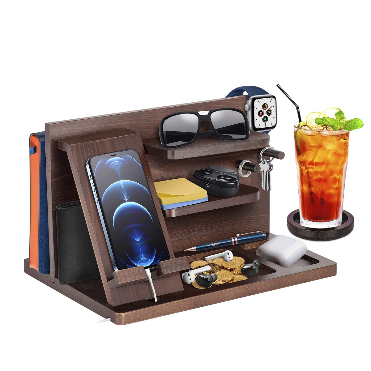 Omgoods- Nachtkastje Houten Organizer - Nachtkastje met Laptopvak - Nachtkastje met Planken - Nachtkastje met Haken - Nachtkastje met Telefoonbasis - Uniek Cadeau voor Mannen